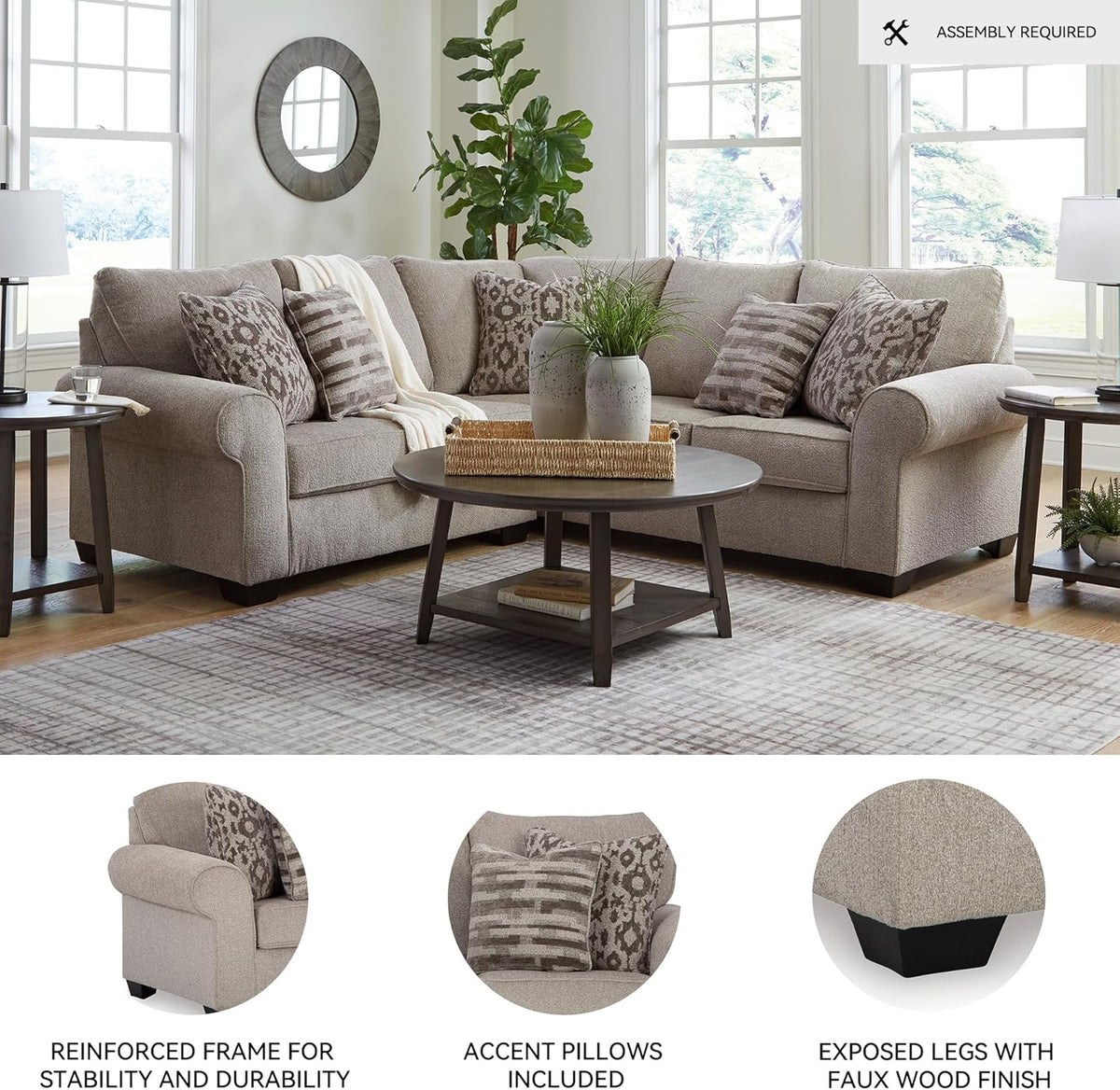 Signature Design by Ashley Claireah Casual L-Shaped 2-Piece Sectional with Loose Seat Cushions and 5 Accent Pillows, Beige