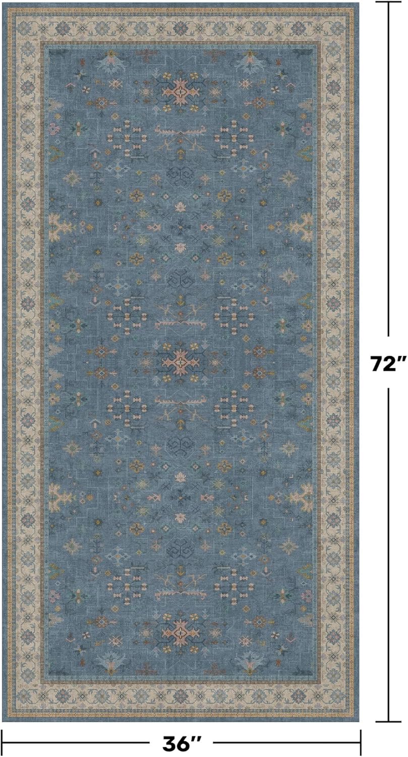 Washable 3x6 Throw Rug for Large Kitchen - Blue Rugs for Entryway Indoor, Bedroom Bedside, Mudroom, Boho Eclectic Modern Décor, Non Slip Low Pile Fade Resistant