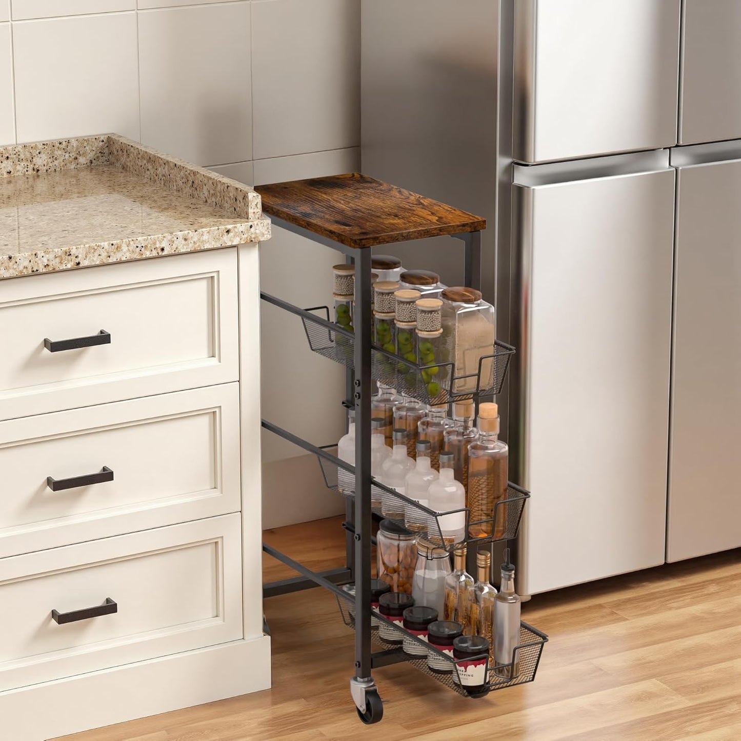 Slim Rolling Cart, 4-Tier Storage Cart, 9.1inch Narrow Kitchen Rolling Cart on Wheels for Small Space, Utility Cart Shelving Unit with Wooden Top and Metal Handle for Kitchen, Bathroom, Laundry Room
