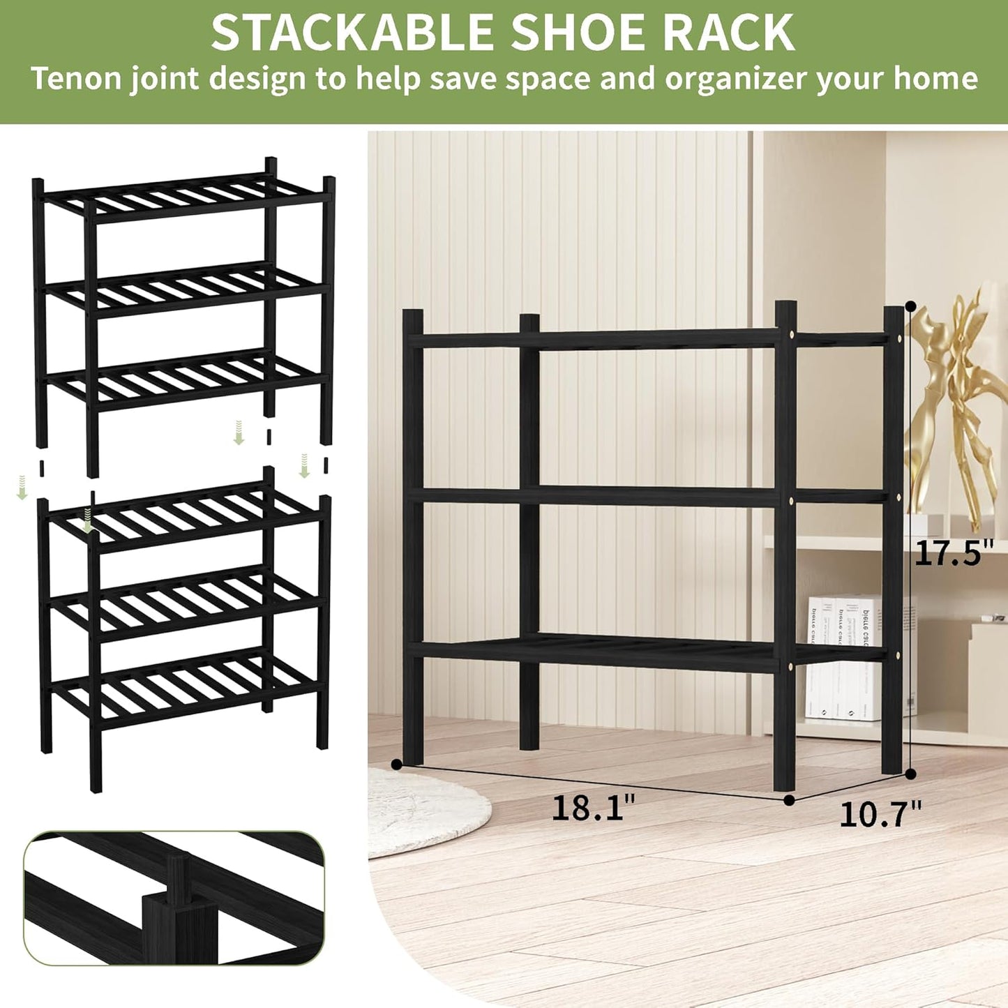 3-Tier Bamboo Small Shoe Rack, Free Standing Wood Shoe Shelf Storage Organizer for Closet Entryway Stackable (Black)