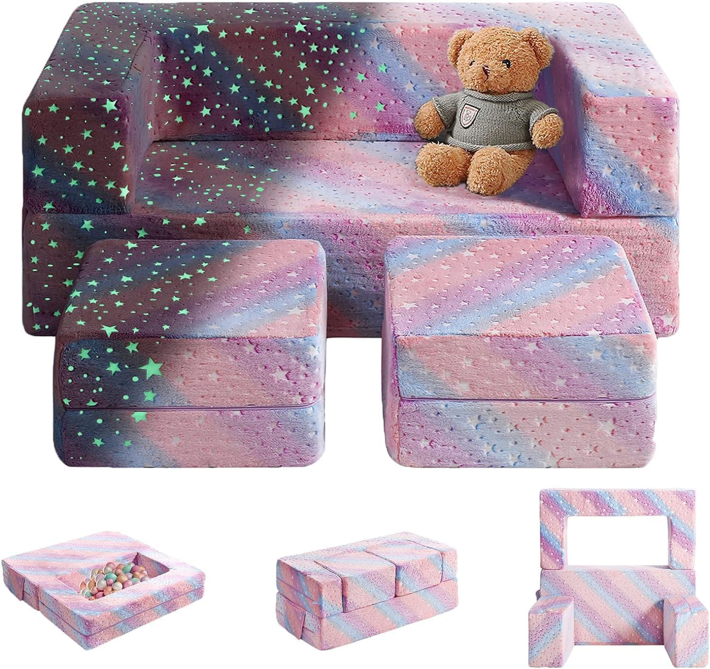 Kids Couch, Glow in The Dark Modular Explore Sofa for Toddler 3 in 1 Fold Out Sofa, Convertible Plush Couch with Washable and Durable Covers