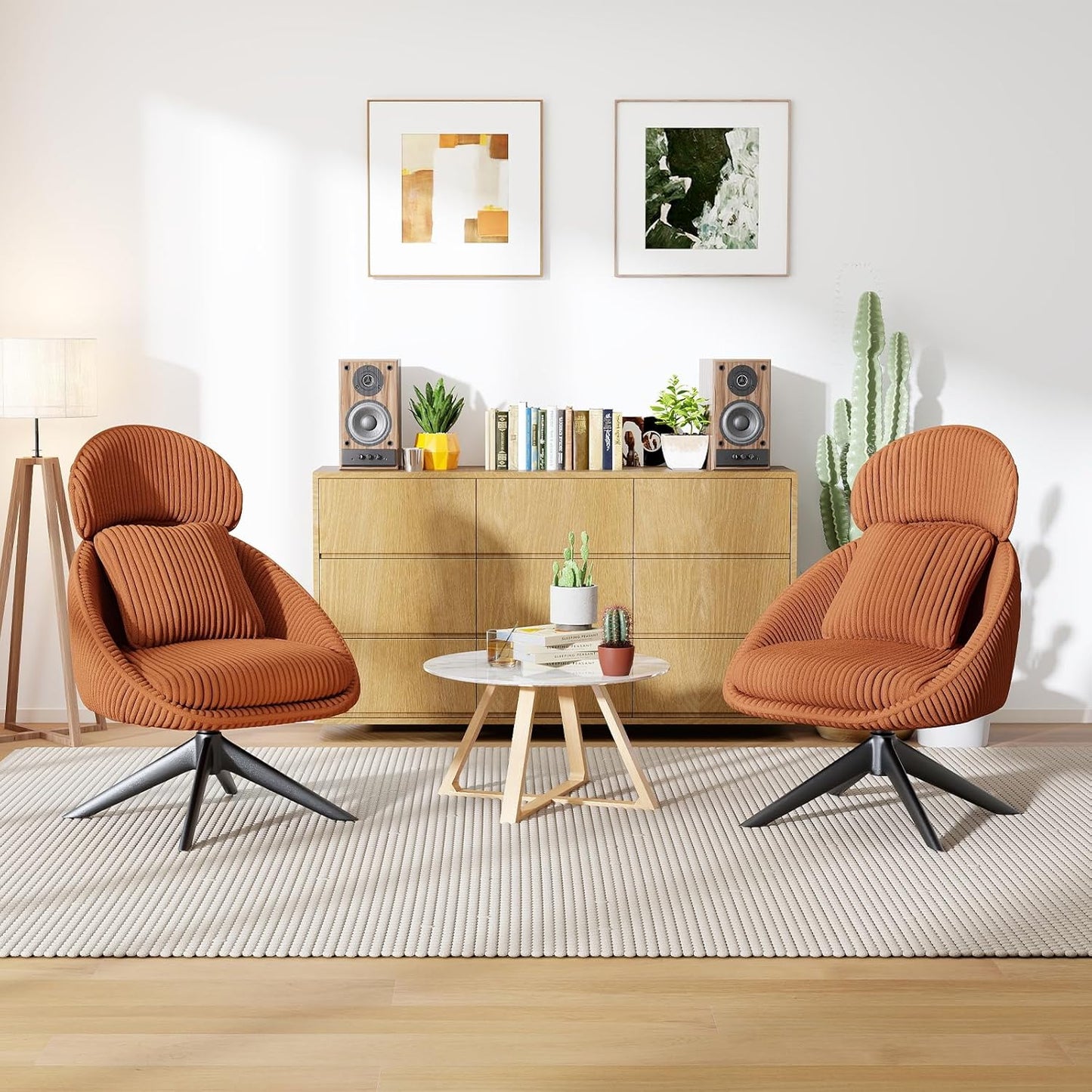 Furniliving Large Swivel Accent Chair Modern Arm Chair Sofa Chair with Pillow Living Room Chair Bedroom Chair with Headrest Comfy Desk Chair Upholstered Chairs for Rest Room, Corduroy, Orange