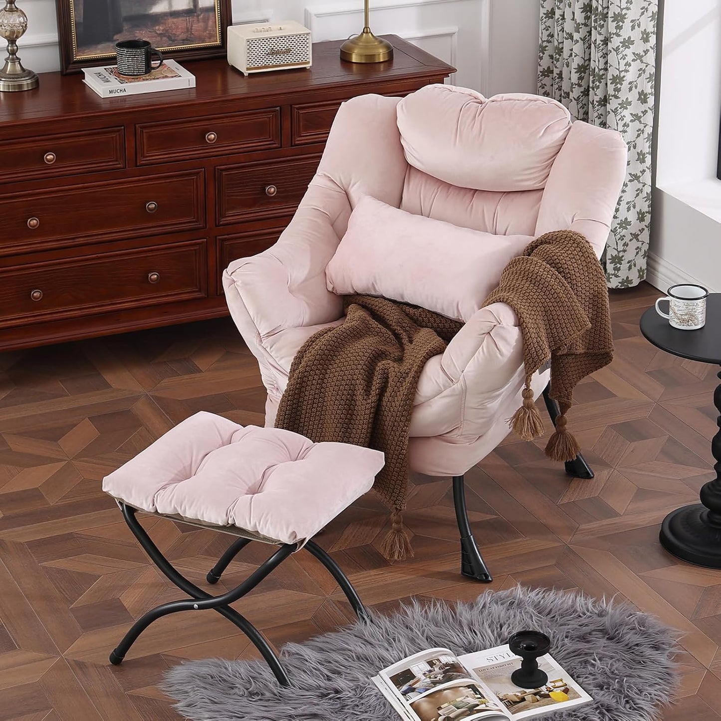 Lazy Chair with Ottoman, Modern Accent Chair with Lumbar Pillow, Comfy Chairs with Folding Footrest for Bedroom, Reading, Oversized Supportive Lounge Chairs(Velvet Pink)