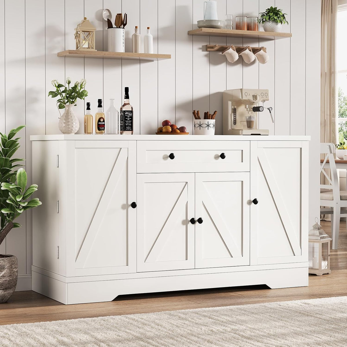 55" Buffet Cabinet with Storage, Kitchen Buffet Sideboard with Pull-Out Shelves and Drawer, Wood Farmhouse Coffee Bar Cabinet with 4 Adjustable Shelves, Kitchen Pantry for Living Room, White