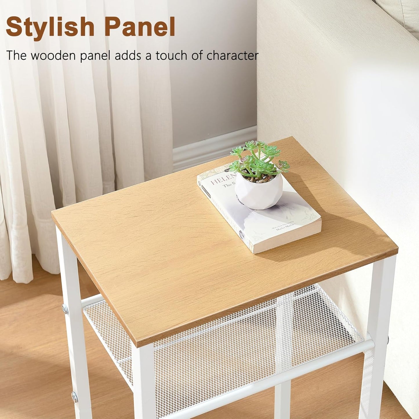 Hoctieon 2-Set 3 Tier End Table, Telephone Table Set of 2, Tall Side Table with Storage Set of 2, Small Nightstand for Small Spaces, Metal Frame, White and Yellow Oak