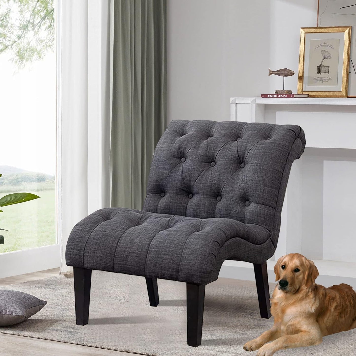 Yongqiang Upholstered Accent Chair for Bedroom Living Room Chairs Lounge Chair Armless Slipper Chair with Wood Legs Gray Fabric