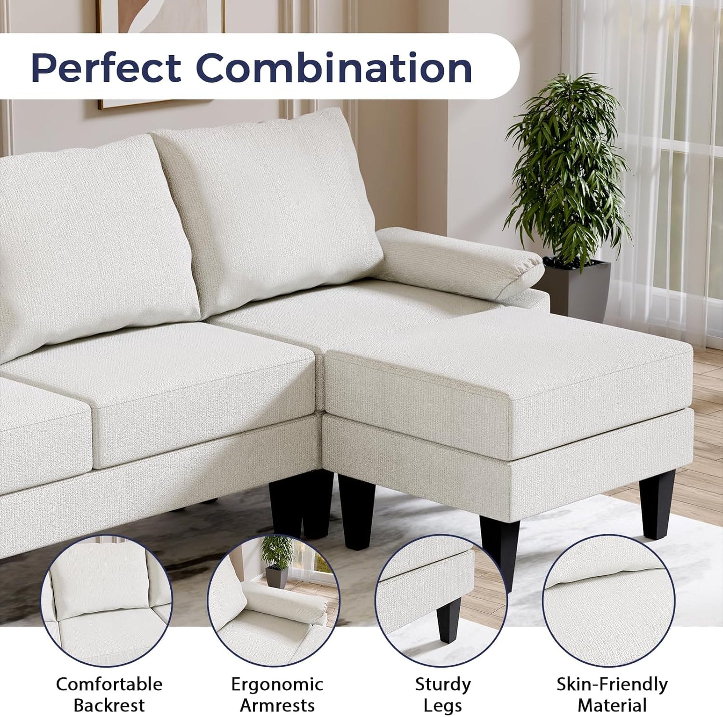 U Shaped Sectional Couch, Convertible Modular Sectional Sofa with Chaise & Ottomans, Modern 6 Seat U Shaped Couches for Living Room Apartment, Beige