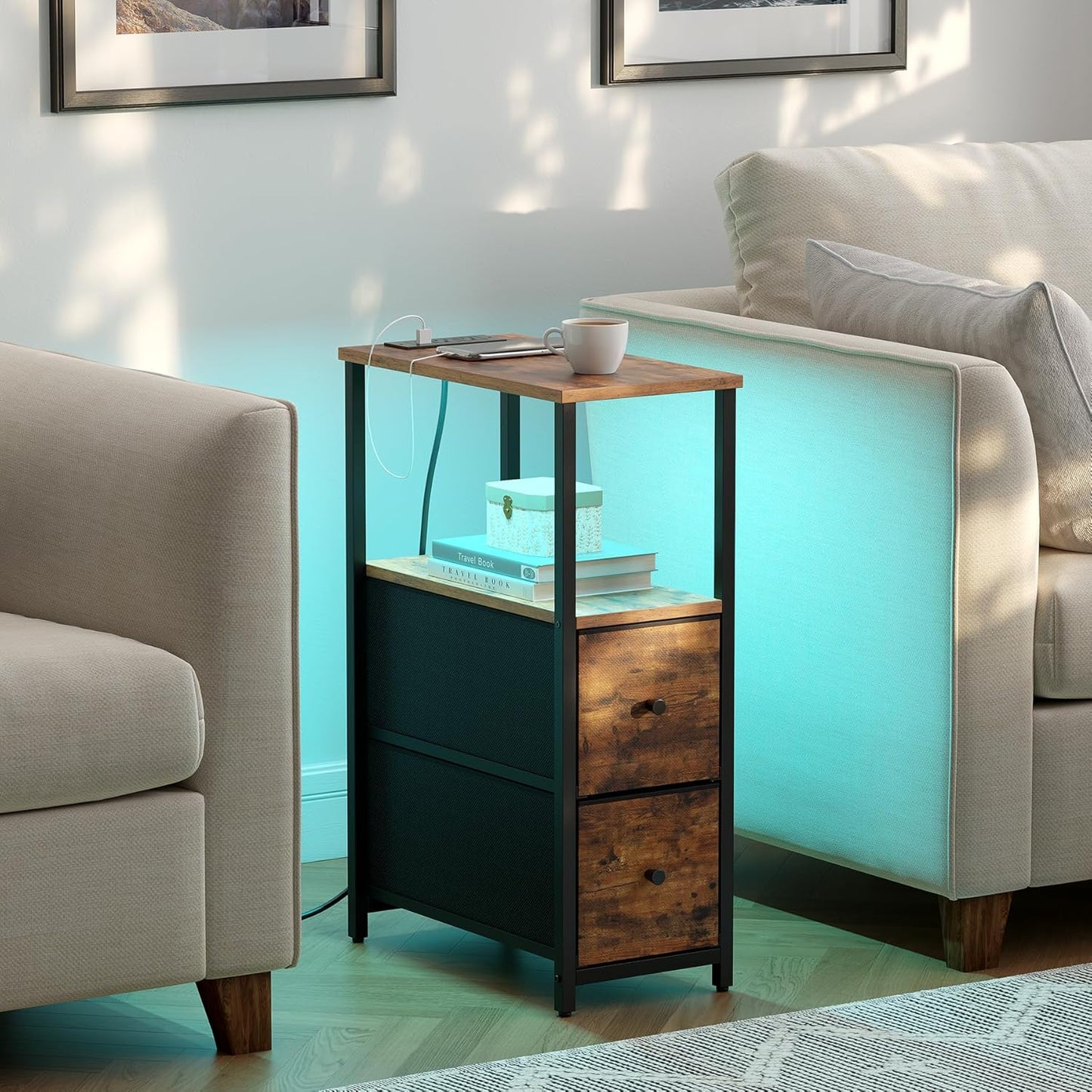 TUTOTAK Small Narrow LED End Table with Charging Station, Side Table Outlets, Nightstand with 2 Cloth Drawers, Set of 2, Couch Table, for Living Room, Bedroom, Bedside, Brown TB01BB056