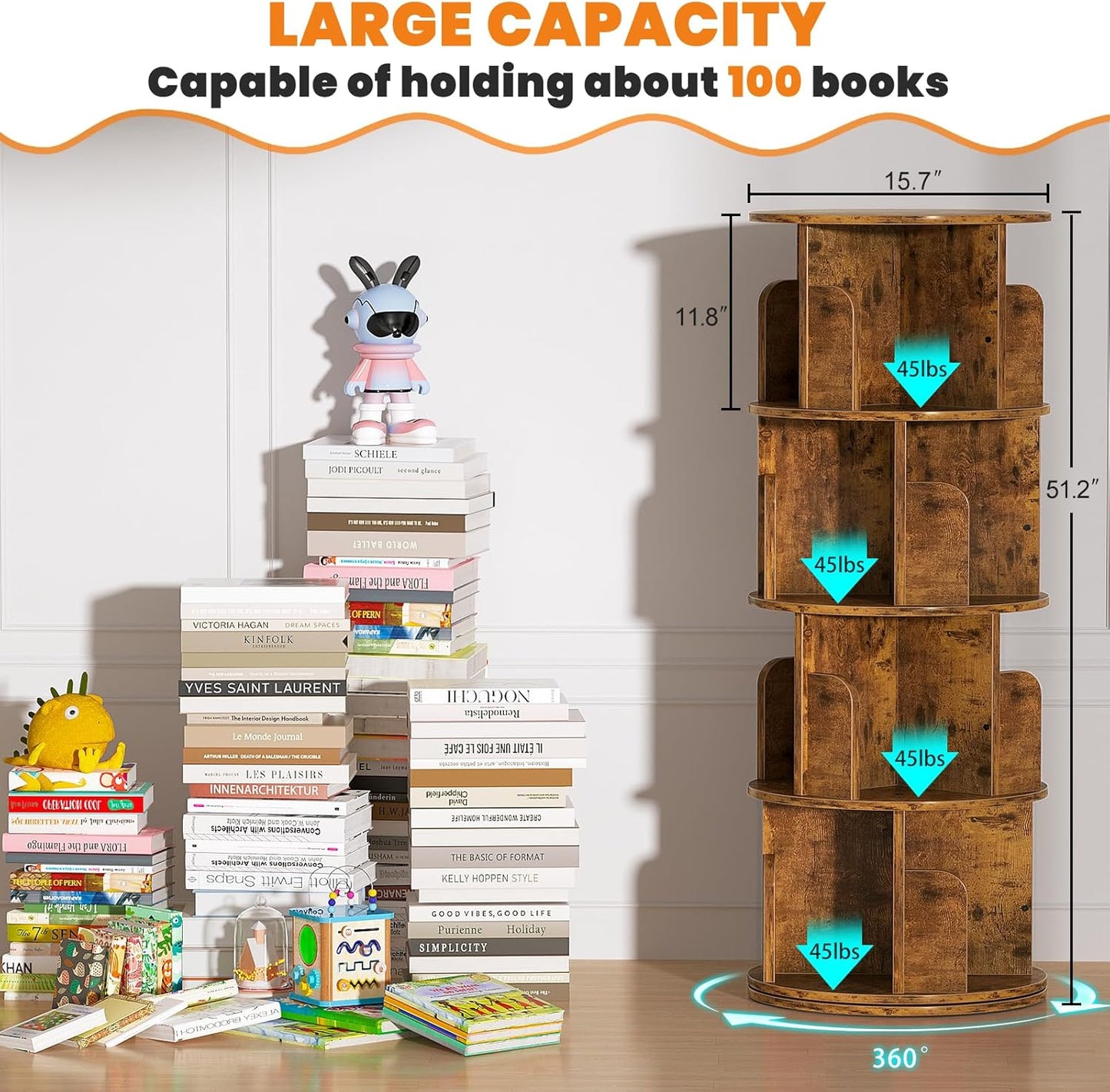 Rotating Bookshelf, Corner Bookshelf, 360 Display Wood Spinning Bookcase Storage Rack, Floor Standing Revolving Bookcase Narrow Book Shelf Organizer for Small Space, Bedroom, Rustic Brown
