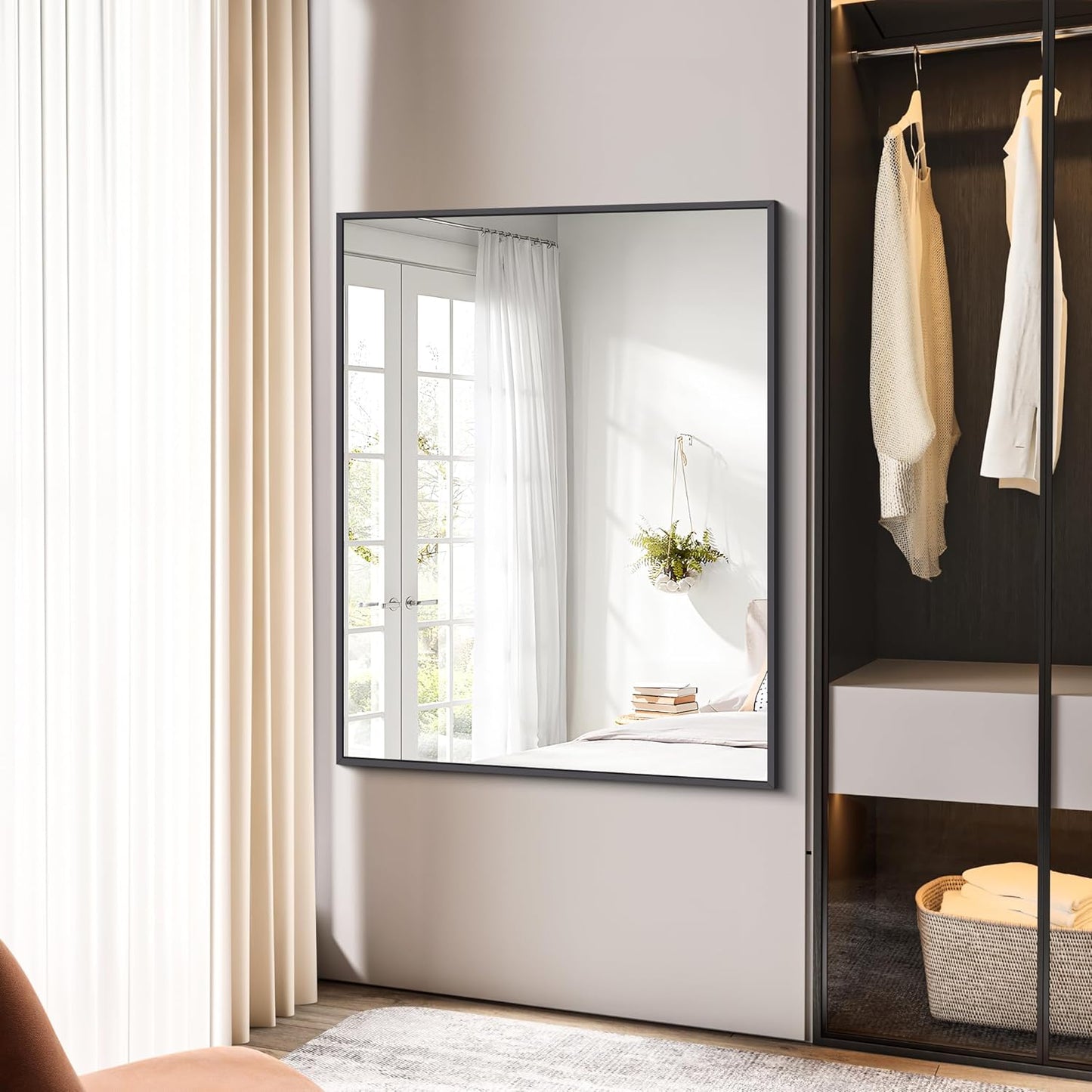 BONEWEI Bathroom Mirror,36x48 inch Large Wall Mirror for Bathroom Wall Mounted Black Rectangle Corner Mirrors,Black Bathroom Mirror for Living Room,Farmhouse,Bedroom Entryway,Horizontal/Vertical