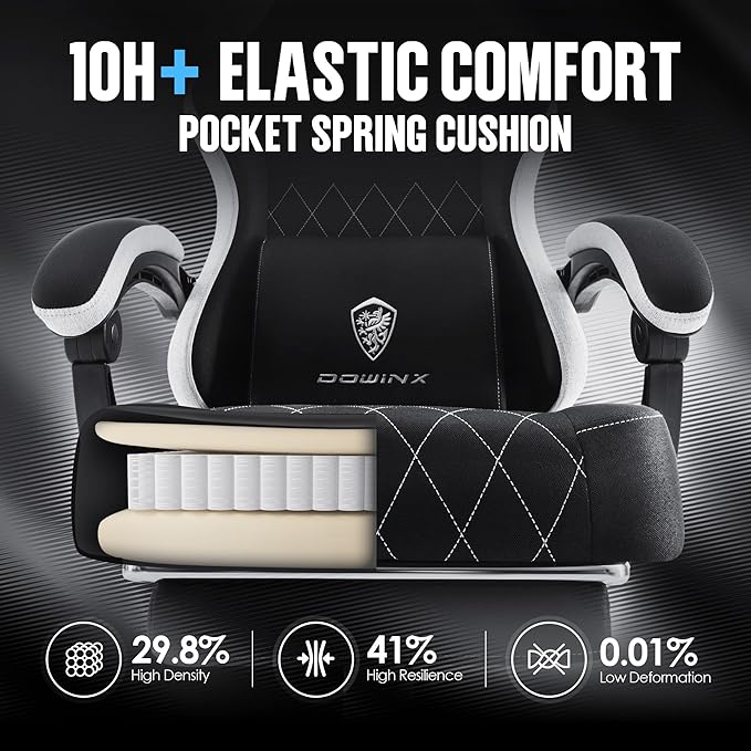 Dowinx Fabric Gaming Chair, Ergonomic Computer Chair with Footrest and Pocket Spring Cushion, Height Adjustable Video Gamer Chair with Lumbar Support for Adults, Black