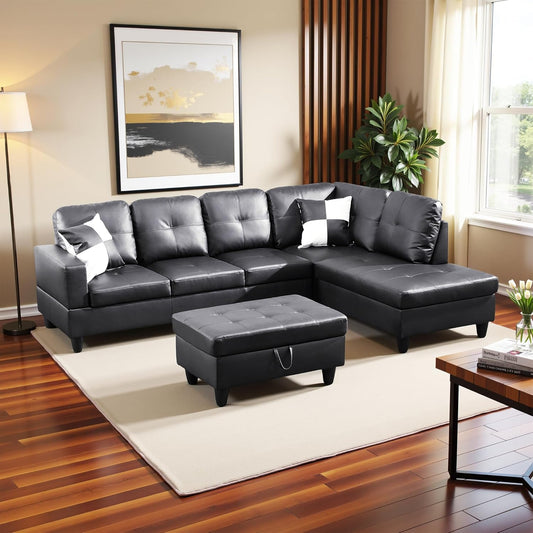 Couches for Living Room Faux Leather L Shaped Couch Comfy 3 Pieces Sectional Sofa with Chaise, Ottoman with Storage for Office and Small Apartment, Black
