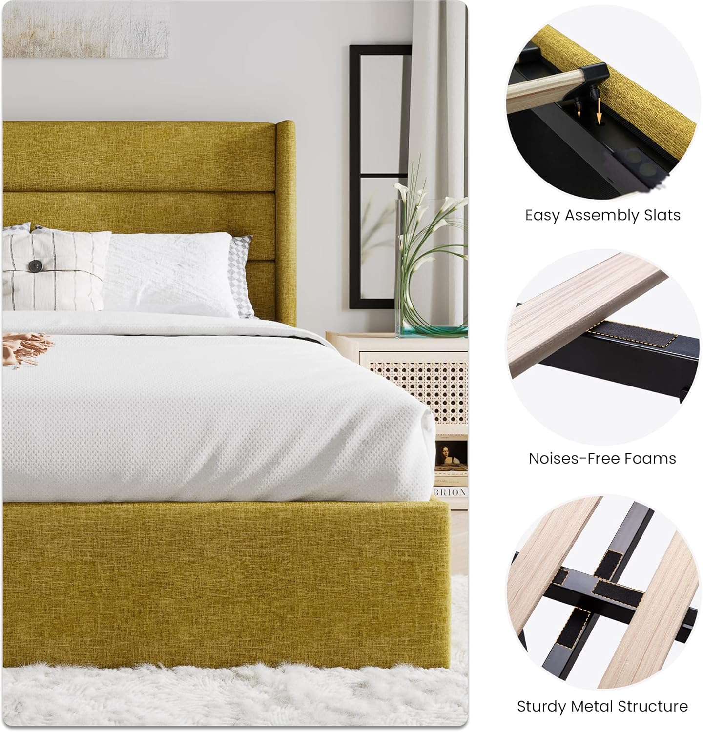 SHA CERLIN Full Size Lift Up Storage Bed/Modern Wingback Headboard/Upholstered Platform Bed Frame/Hydraulic Storage/No Box Spring Needed/Wood Slats Support/Olive Yellow