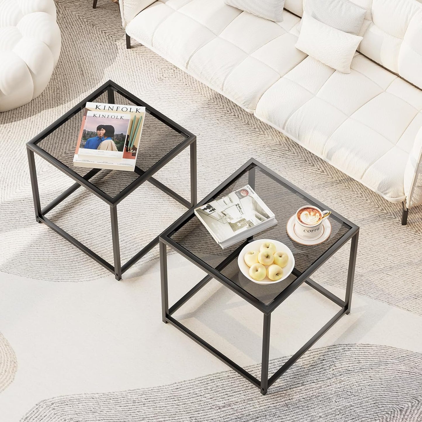 Garden 4 you Coffee Table Set of 2, Modern Glass Nesting Table, Metal Frame Square Center Table Set, Side Tables, Nesting Coffee Table for Living Room, Bedroom and Small Spaces, 19.7in Grey
