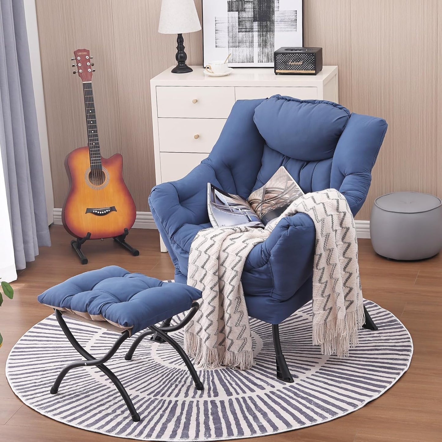 Lazy Chair and Ottoman, Large Accent Lounge Chair with Armrests and a Side Pocket, Modern Leisure Upholstered Sofa Reading Armchair with Footrest for Bedroom, Living Room, Dorm Rooms, Office