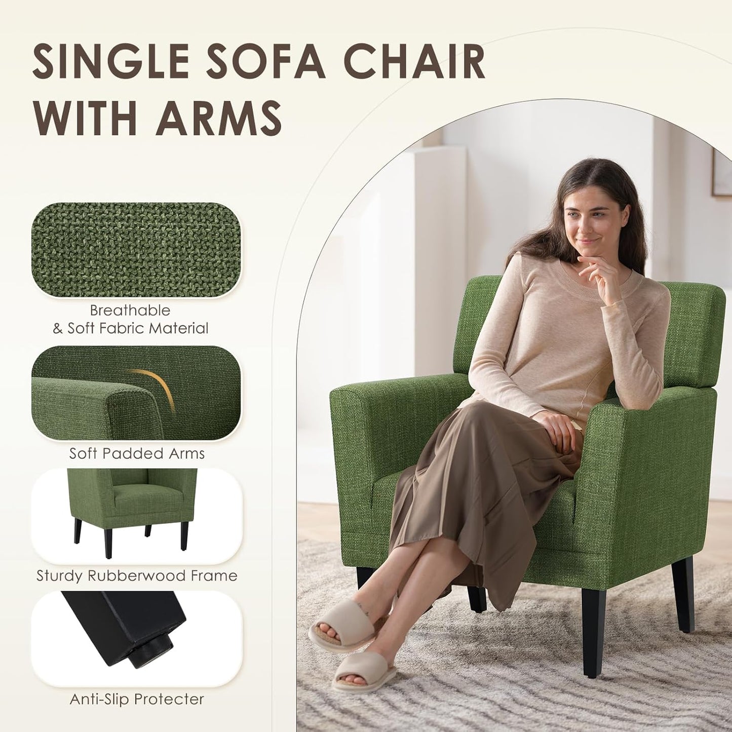 COLAMY Modern Accent Chair for Living Room, Upholstered Fabric Accent Armchair with Back, Soft Single Sofa Chair with Arms for Bedroom/Office/Reception Room, Green