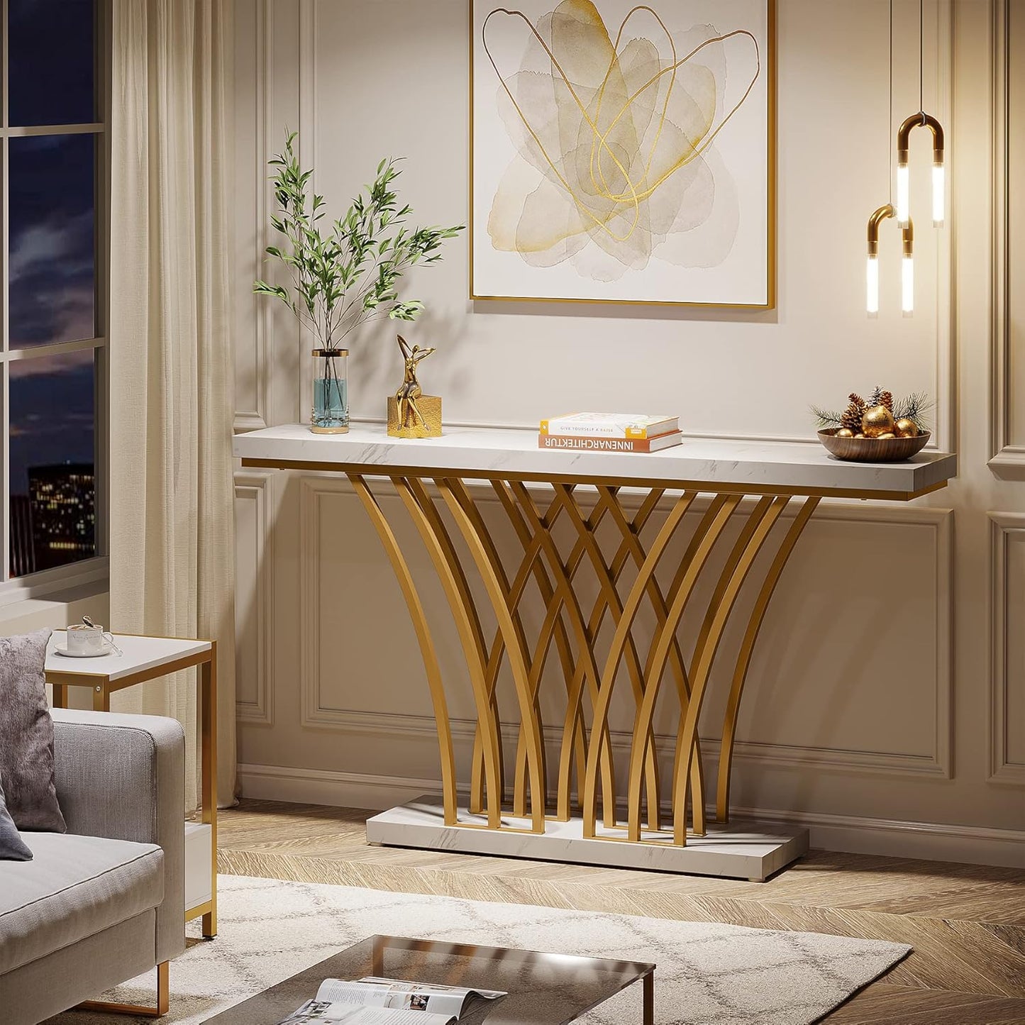LITTLE TREE Narrow Entryway Console Table,Faux Marble White+Gold