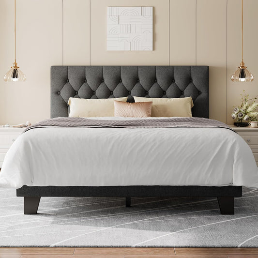 Feonase Queen Platform Bed Frame with Button Tufted Headboard, Upholstered Linen Bed with Wooden Slats Support, No Box Spring Needed, Easy Assembly, Noise-Free, Dark Grey