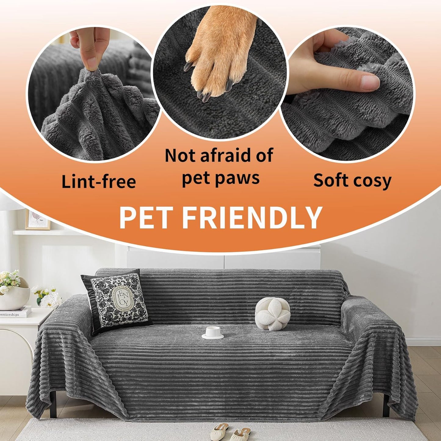 HAOMAIJIA Faux Fur Sofa Covers Couch Covers for 3 Cushion Couch Sofa Pet Friendly Soft Non Slip Couch Cover for Dogs Washable Sectional Couch Covers L Shape Furniture Protector (Grey, 91"x134")