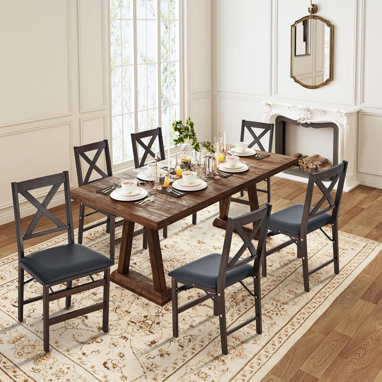 COLAMY Folding Dining Chairs Set of 6 – Dark Brown Wooden Dining Room Chairs, Pre-Assembled, Space Saving Kitchen & Dining Room Furniture, Mid Century Rustic Style, Indoor Outdoor Use