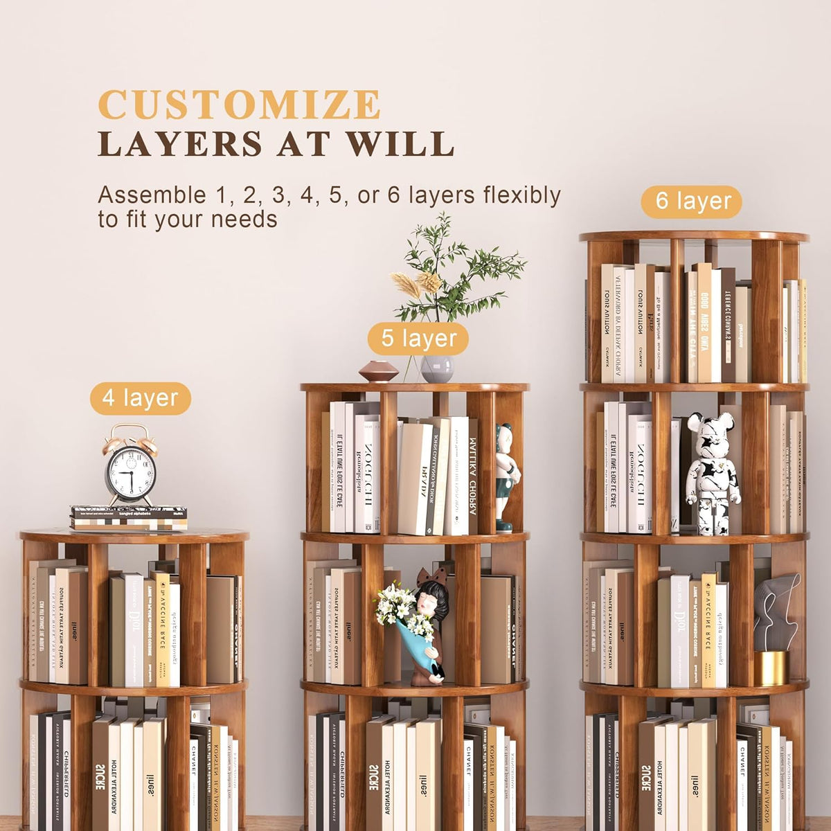 6 Tier Bookshelf Tower, 360° Solid Wood Spinning Bookcase with Swivel Wheels, Floor Standing Book Shelf for Small Space, Bookshelf for Home Office Study Room Bedroom Living Room