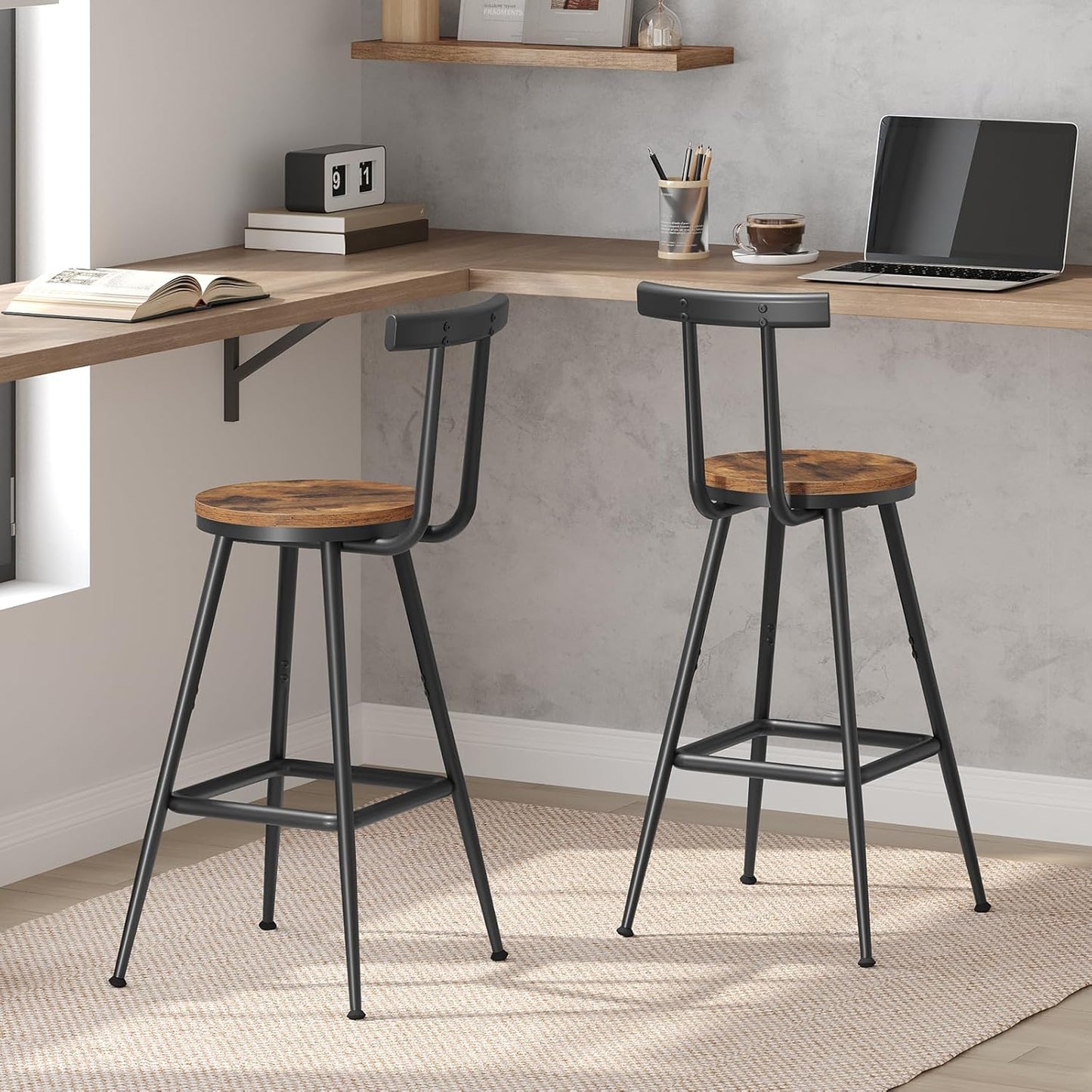 Bar Stools, Set of 2 Bar Chairs with Backrest and Footrest, 26" Tall Counter Stools, Metal Frame, Adjustable Feet, Easy Assembly, for Kitchen, Living Room, Pub, Rustic Brown BAHR6001