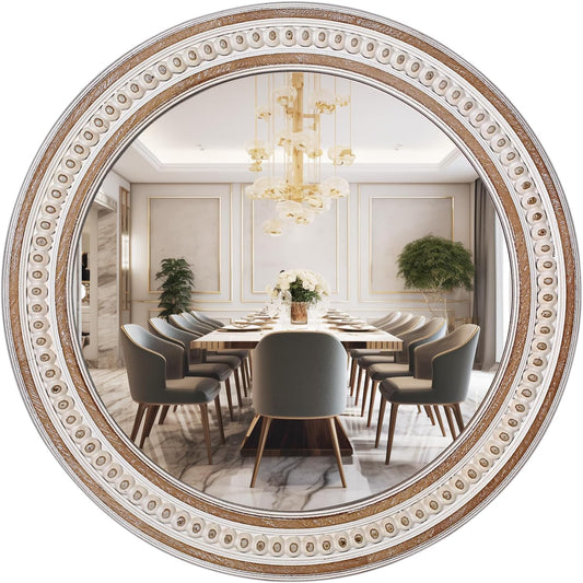 32'' Boho Wooden Large Round Wall Mirrors, Rustic Farmhouse Circle Mirrors Decorative Mirrors for Bathroom, Bedroom Over Sink, Living Room, Entryway