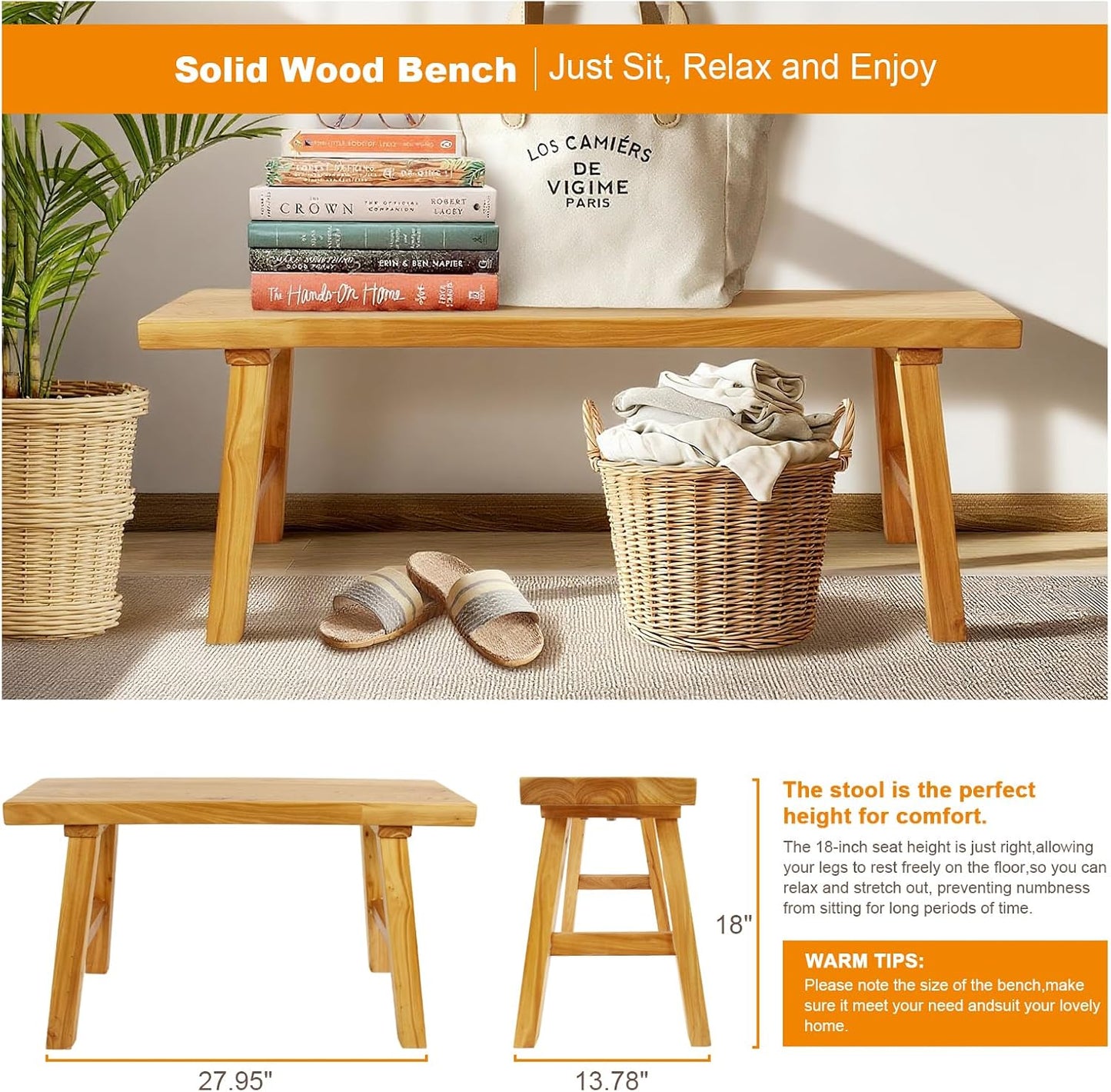 Farmhouse Solid Wood Bench: Long Rustic Indoor Narrow Wooden Bench for Entryway,Living Room, Dining Room,End of Bed,Hallway (31.5" Lx10 Wx18 H)
