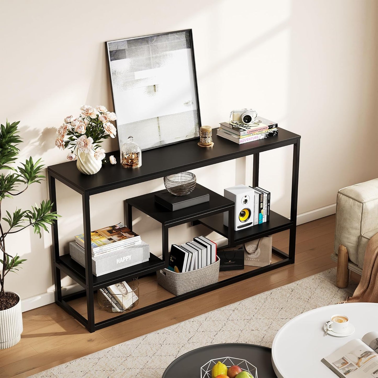 TV Stand for TVs up to 65 Inch, TV Console Table with 3-Tier Open Storage Shelves, Modern Industrial Entertainment Center for Living Room, Bedroom, Black