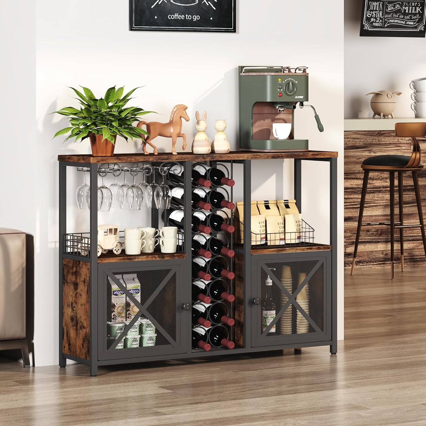 Homeiju Mini Bars for Home, Wooden Coffee Bar Cabinet, Modern Liquor Cabinet for Liquor and Glasses, Farmhouse Buffet Wine Cabinet with Storage Sideboard for Home Kitchen Dining Room