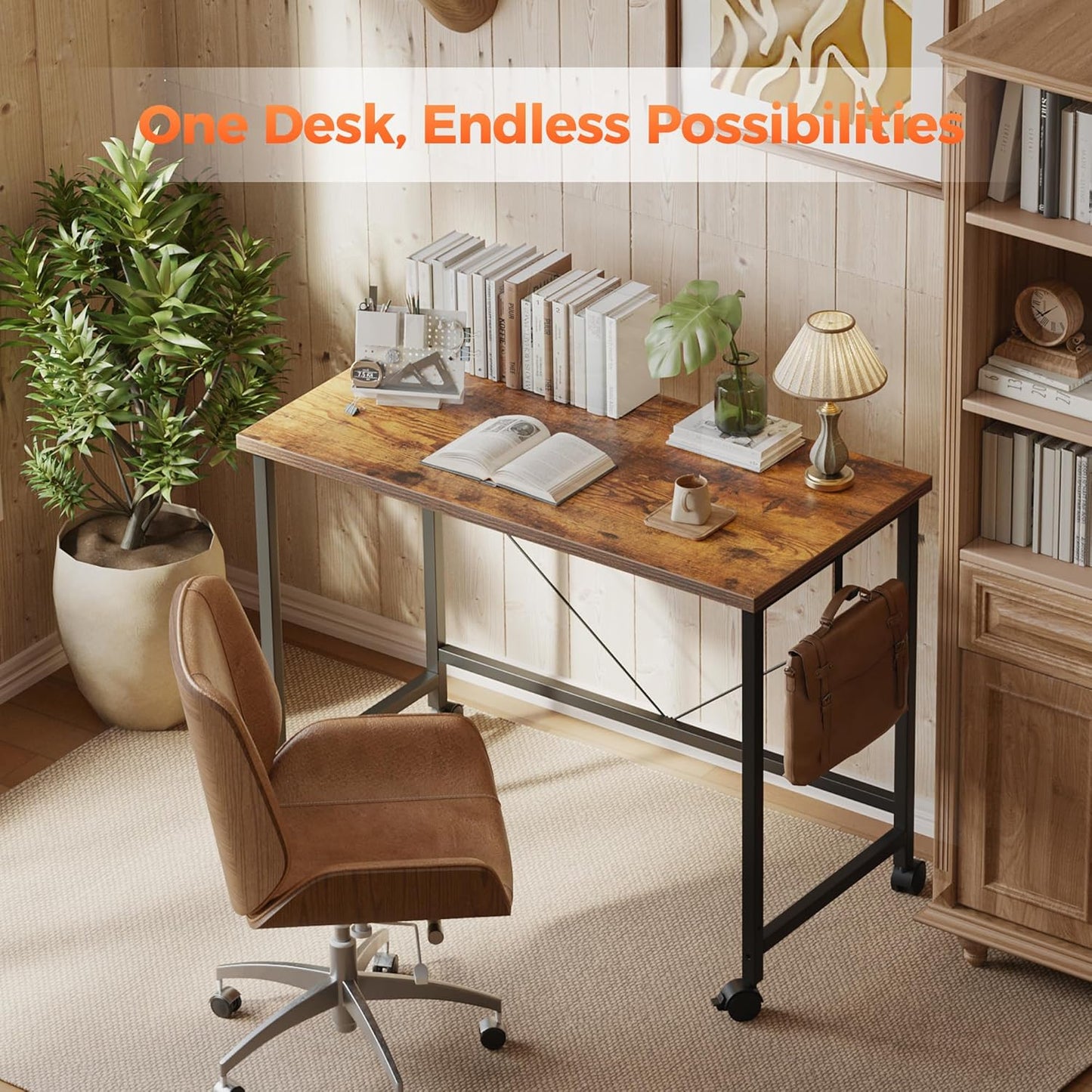 Rolling Computer Desk with Wheels, Gaming Desk for Small Spaces, Modern Simple Style Table for Home Office, Study Writing Table (Caster, Rustic Brown, 48 inch)