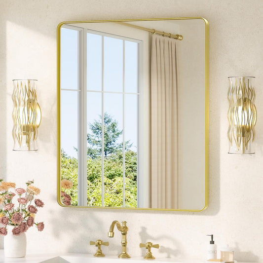 TETOTE Gold Mirrors for Wall 30 x 36 Inch Brushed Gold Bathroom Mirrors, Tempered Glass, Modern Farmhouse Wall Mounted Mirror for Decorative(Horizontal/Vertical)