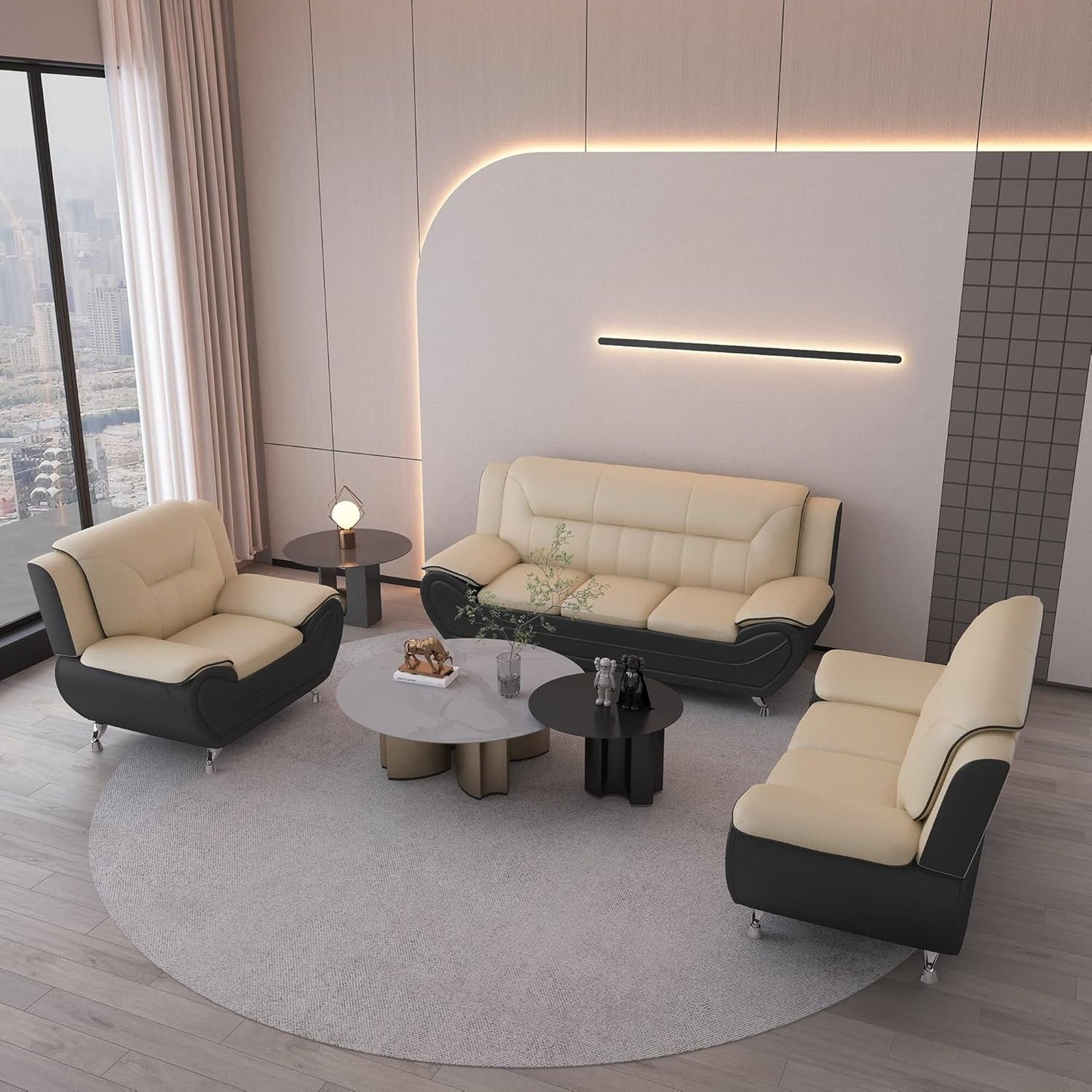 Container Furniture Direct Michael Modern Faux Leather Upholstered Stainless Steel Legs Living Room, Chair, Black Camel