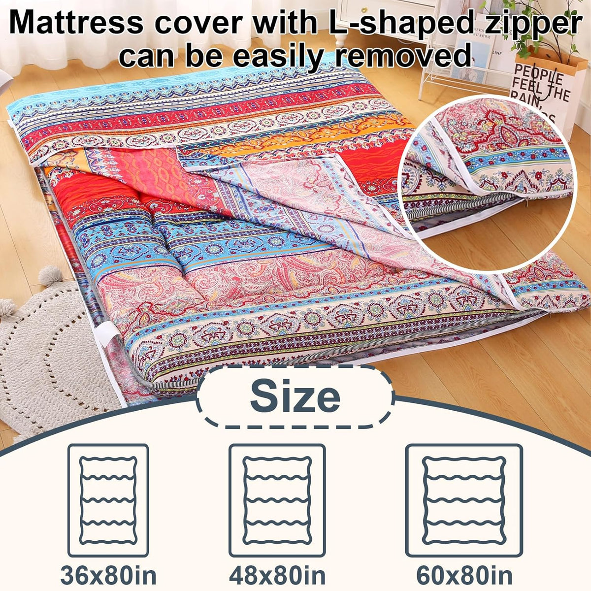 Bohemian Retro Japanese Floor Mattress, Vintage Floral Tatami Floor Mat, Portable Roll up Futon Mattress for Guest,Tavel (C,Queen80 X 60")