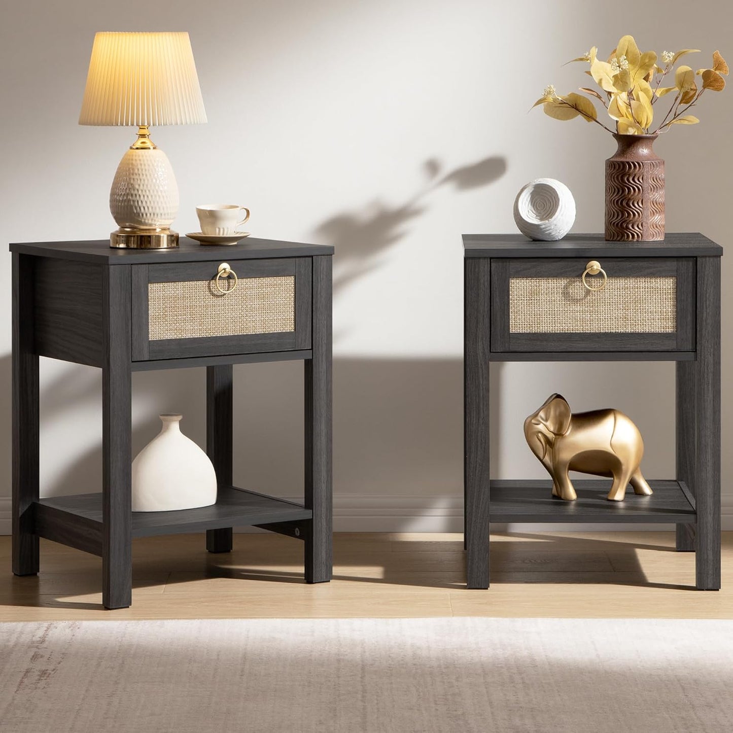 SICOTAS Rattan Nightstand Set of 2, Rattan Decor Drawer with Brass Knobs Night Stand Bedside Table Boho End Tables Side Tables with Storage Shelf for Bedroom,Small Space