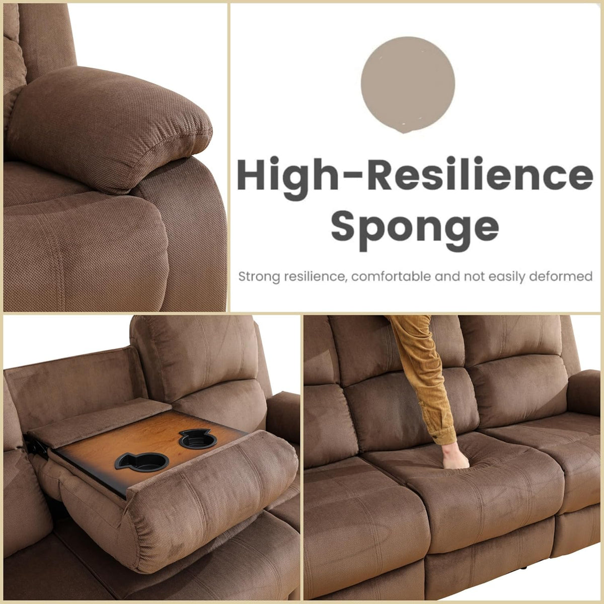 Recliner Sofa Couch, 3-Seater Home Theater Seating Reclining Sofa, Power Reclining Couch with Cup Holders & Drop Down Table for Living Room Furniture Sets, Brown