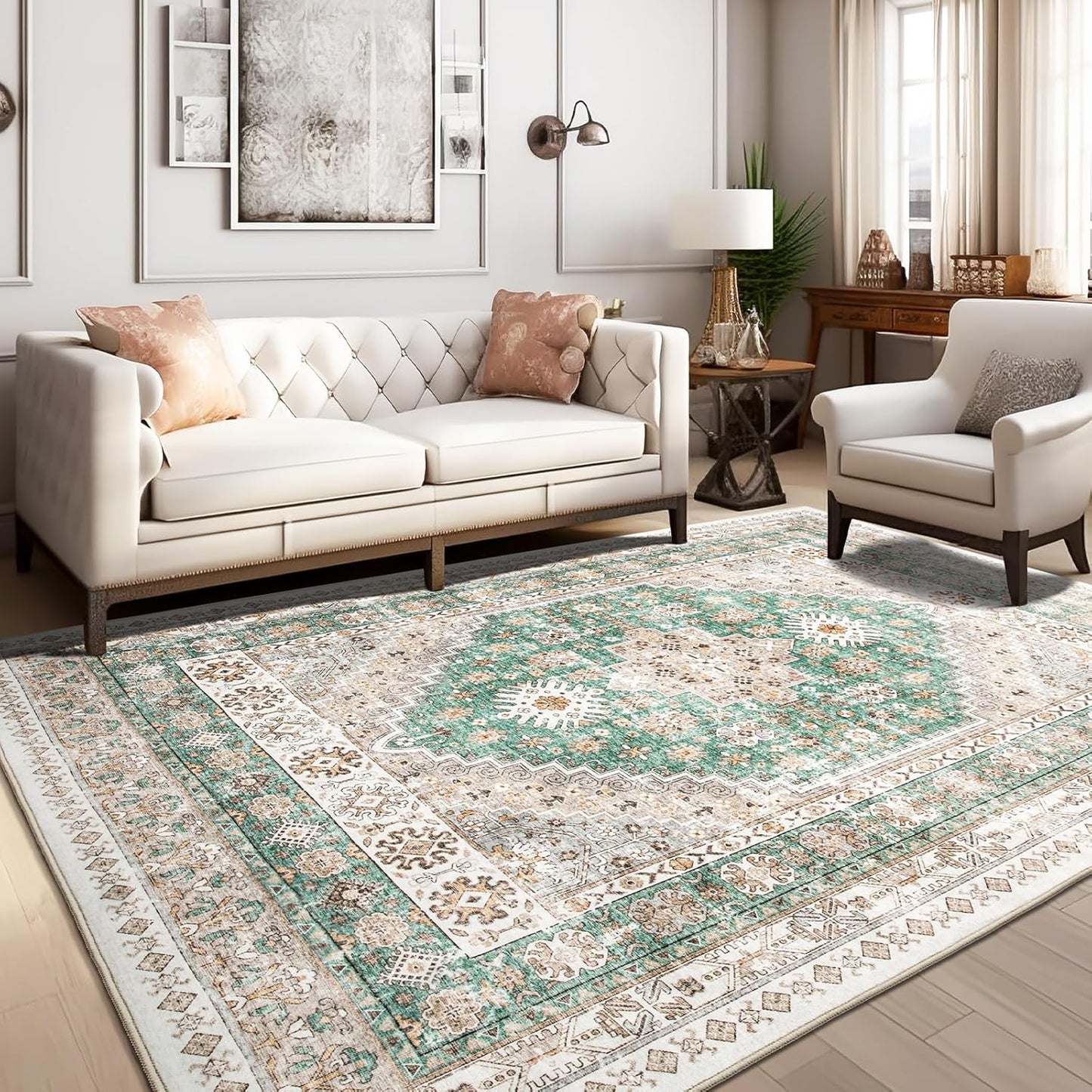 zesthome 5x7 Area Rugs - Ultra-Thin Washble Rug, Stain Resistant Anti Slip Backing Rugs for Living Room,Bedroom, Vintage Home Decor Area Rug (Green/Brown,5'x7')