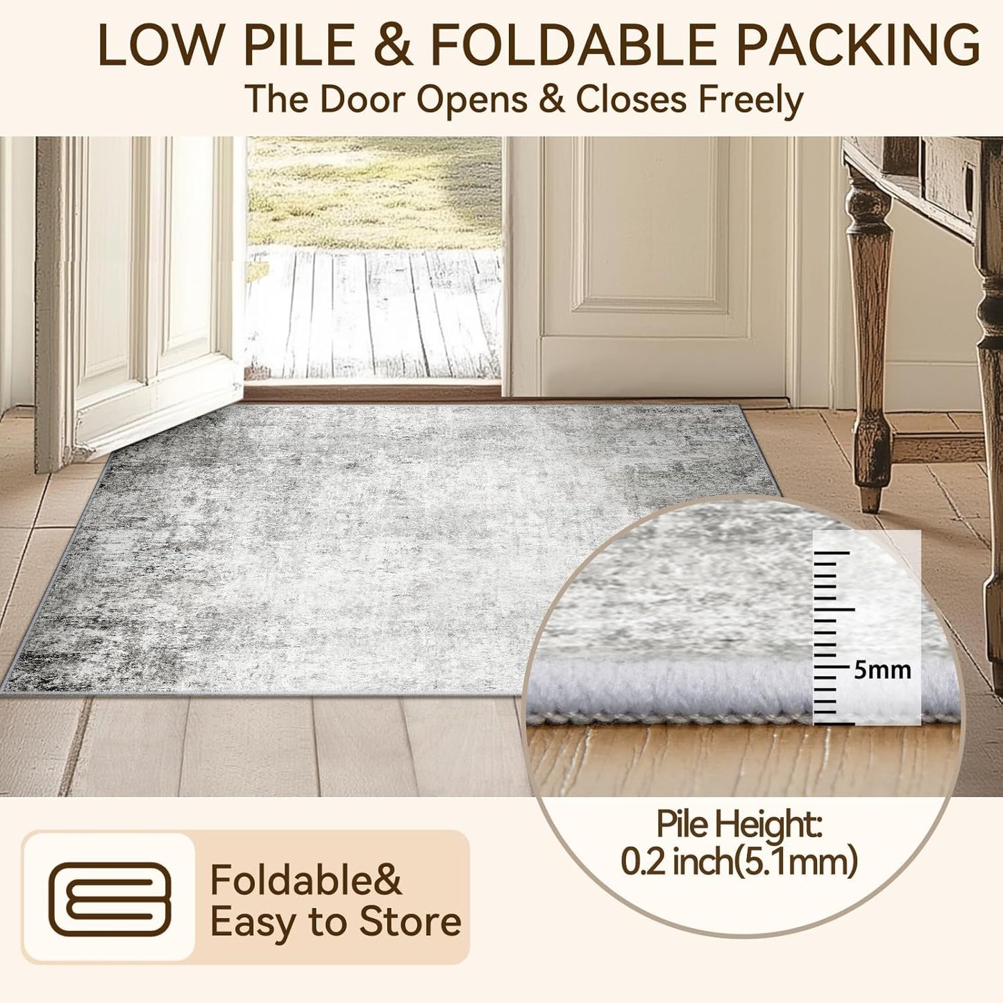 Washable Area Rugs 4ft Non-Slip Modern Abstract Soft for Living Room Entryway Bedroom Nursery, Print Pattern, Gray White Grey