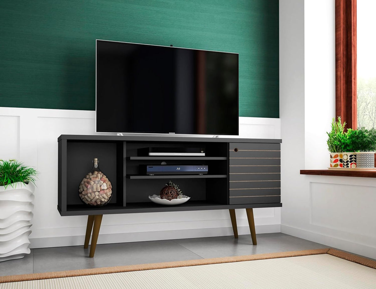 Manhattan Comfort Liberty Mid Century Modern TV Stand for Televisions up to 50 Inches, Bedroom and Living Room Entertainment Center with Storage, Shelves, and Cabinet, 53" Wide, Black