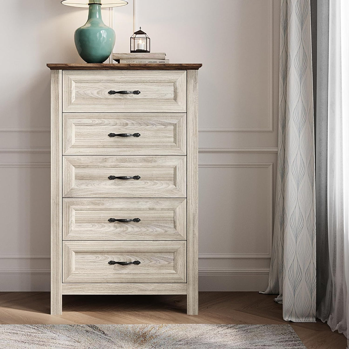 LINSY HOME Tall Dresser for Bedroom with 5 Drawers, 45" Tall Dressers & Chests of Drawers, Modern Farmhouse Large Vertical Dresser with Wood Legs for Bedroom, Closet, Living Room, Hallway, Beige