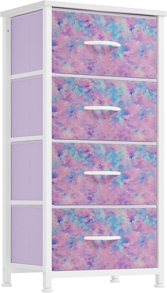 DWVO Dresser with 4 Drawers - Storage Tower Unit, Dresser for Bedroom, Living Room, Closets - Sturdy Steel Frame, Wooden Top & Easy Pull Fabric Bins, Purple