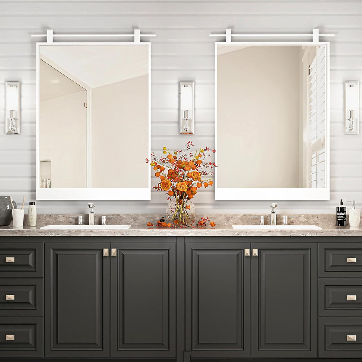 24x36 Inch Rectangle Bathroom Vanity Mirror for Wall Mounted Over Sink Farmhouse Rustic White Frame Barn Door Mirrors Foyer Entryway Decor