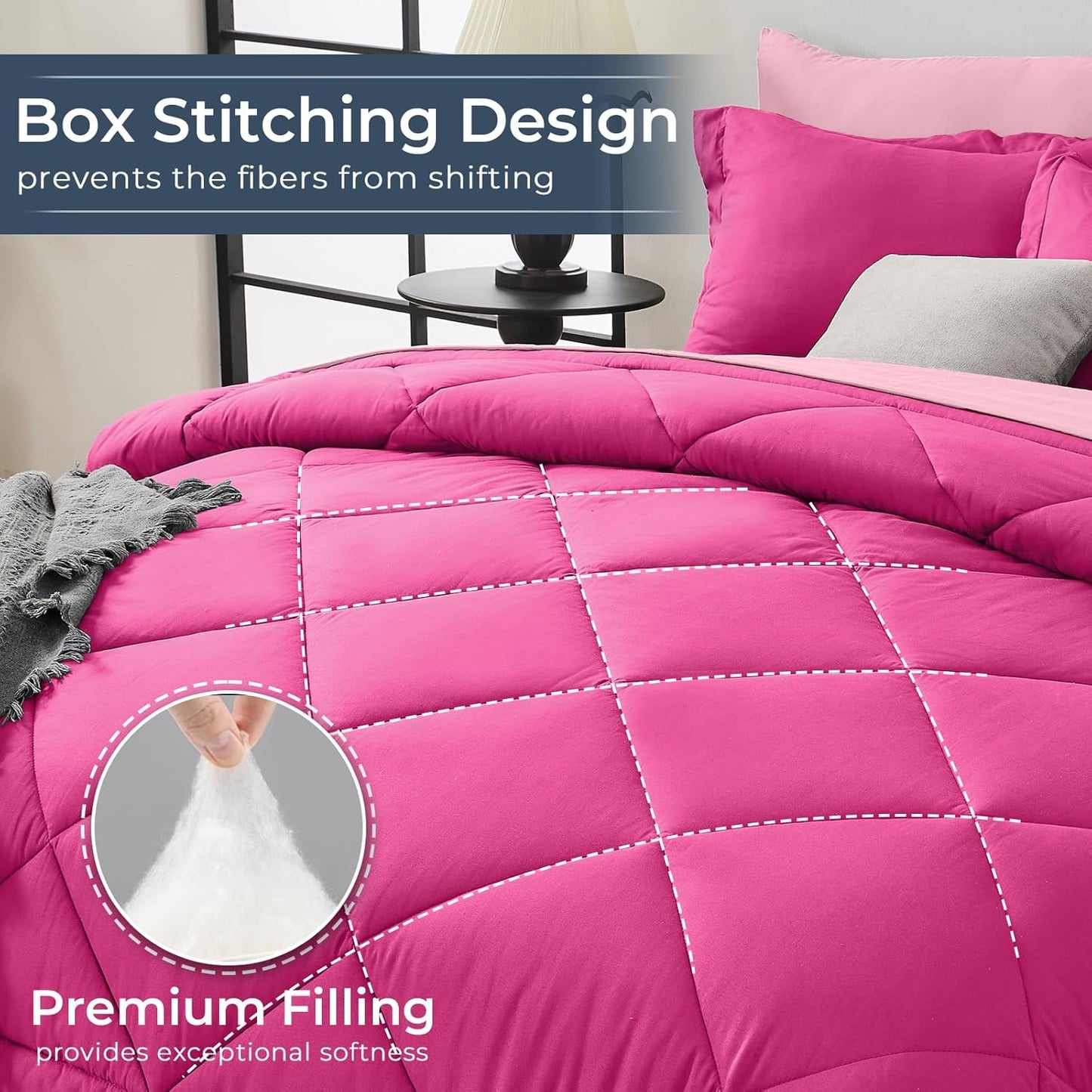 HEVUMYI Hot Pink & Baby Pink Full Comforter Set - 7-Piece All Season Bed in a Bag Full, Ultra Soft Bedding Set with Comforter, Flat Sheet, Fitted Sheet, Pillowcases, Pillow Shams