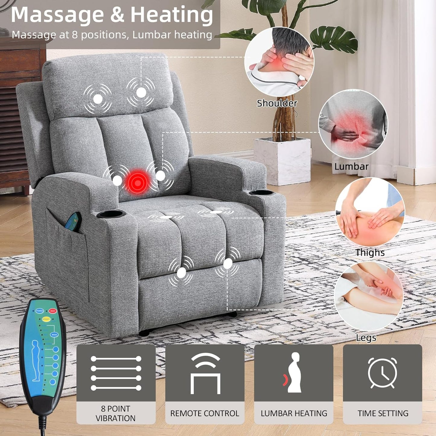 Phoenix Home Manual Recliner Chair Set of 2 with Massage and Heat, Ergonomic Overstuffed Breathable Fabric Recliner Single Sofa Seat with 2 Cup Holders, Living Room Lounge Recliners on Clearance, Gray
