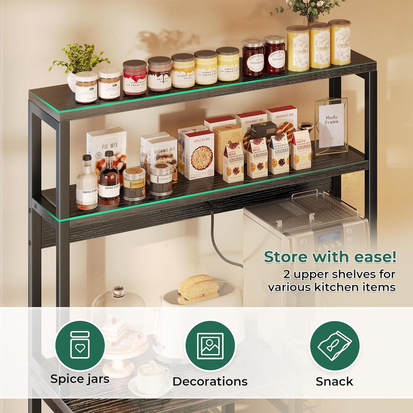 SUPERJARE Bakers Rack with Power Outlet, 35.4 Inches Coffee Bar with Wire Basket, Kitchen Microwave Stand with 6 S-Shaped Hooks, Open Storage Shelves, Black