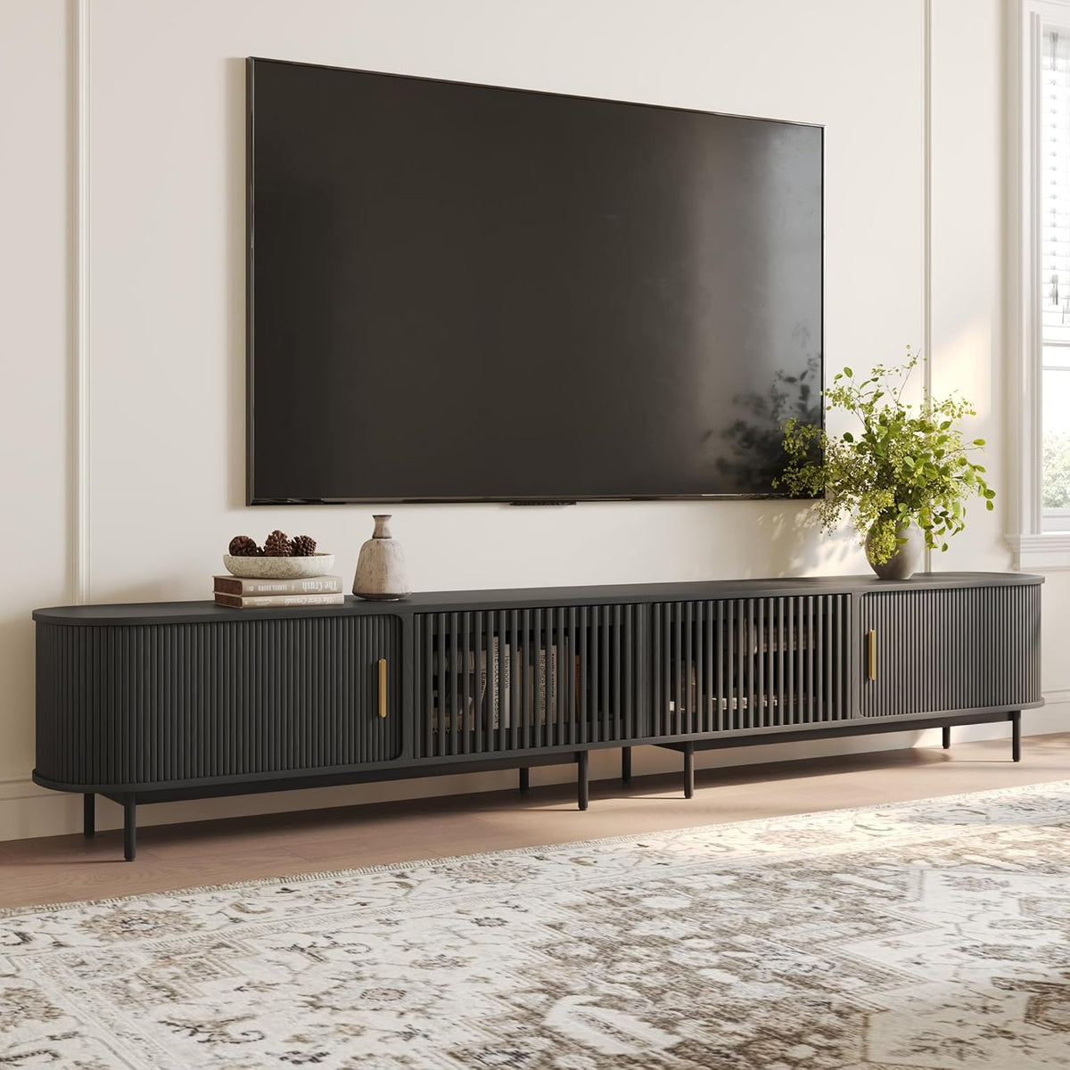 POVISON Sliding Tambour Door TV Stand, Mid Century Modern TV Console, Wood Media Console, Entertainment Center with Storage Cabinet, Fully-Assembled (Black, 118.11")