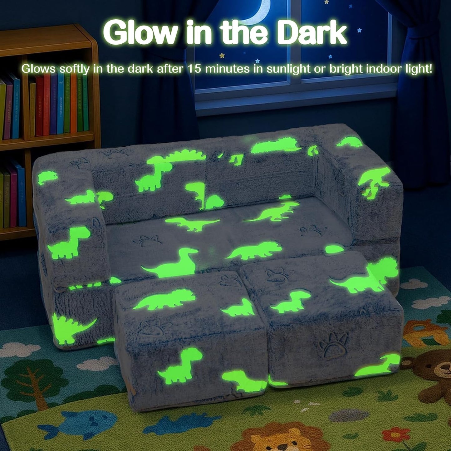 Lamerge Toddler Couch Glow in The Dark Toddler Fold Out Couch for playroom, Convertible Baby Fold Out Play Foam and Floor Cushion for Bedroom (Blue+Dinosaur)