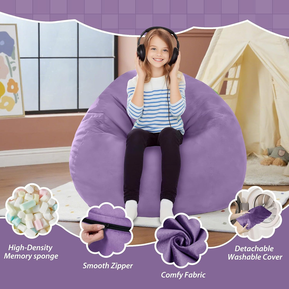 2FT Bean Bag Chair with Ultra Soft Velvet Cover Bean Bag Sofa with Memory Foam Bean Bag Chairs with Large Size Lazy Sofa for Dorm Office Living Room Bedroom Purple 2'