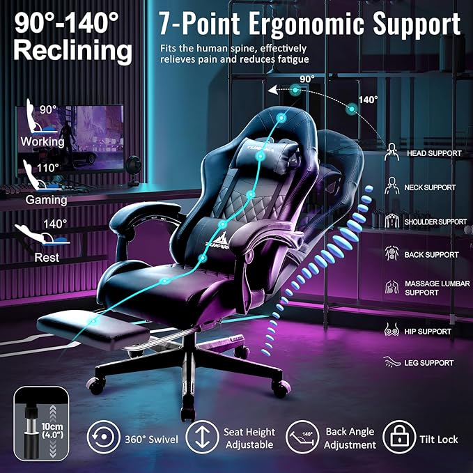 Gaming Chair,Ergonomic Massage Computer Office Desk Chair with Footrest,Pocket Spring Cushion,Reclining Leather Adjustable Gamer Chair with Headrest and Lumbar Support,Black