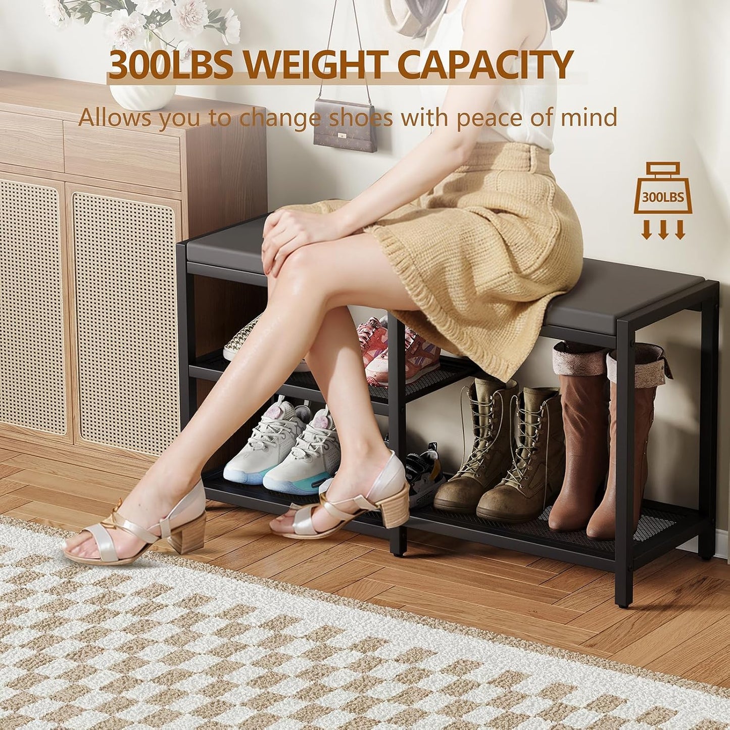 ZHOOGE Shoe Bench & Rack Storage Bench - Entryway Bench with Seat Cushion, Stable Organizer for Entryway & Living Room, Holds Up to 300 lb, (35" L x 12" W x 17" H, Black)